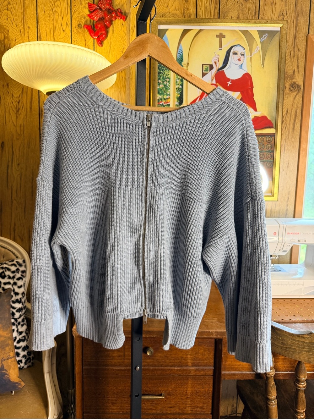 Cabi Zipper Back Scoop Neck Ribbed Knit Cropped Sweater